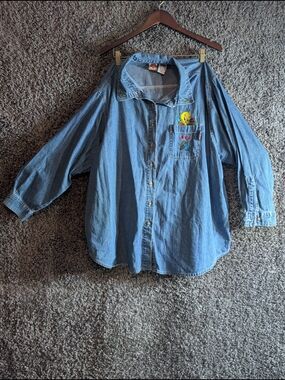 Y2K Tweety Bird Looney Tunes Embroidered Denim Plus Women's 26W/28W Shirt Blue